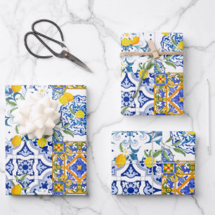 Summer ,Portuguese tiles ,citrus,lemons Mediterran Wrapping Paper Sheet