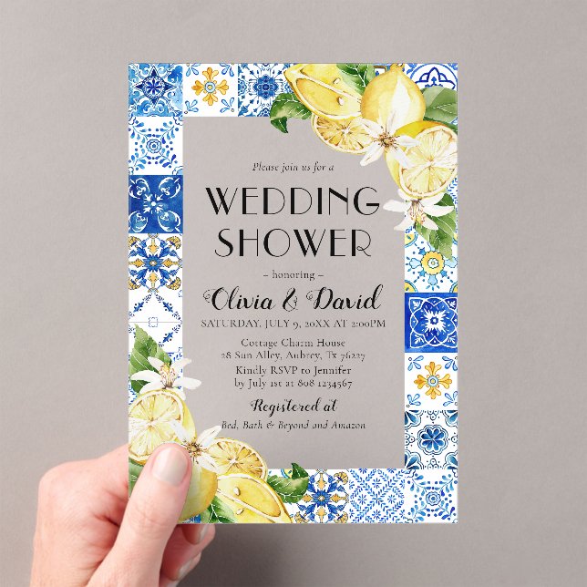 Summer Positano Blue Tiles Lemons Wedding Shower Acrylic Invitations (Insitu (Handheld))