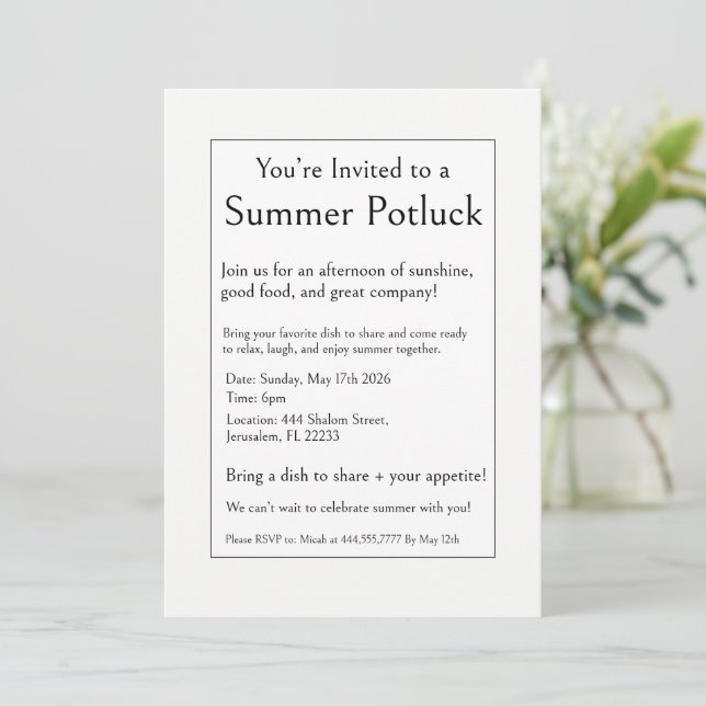 Summer Potluck Party, Modern Simple Minimal Invitation (Standing Front)