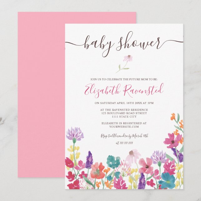 Summer pressed dried wild flowers baby shower invitation (Front/Back)