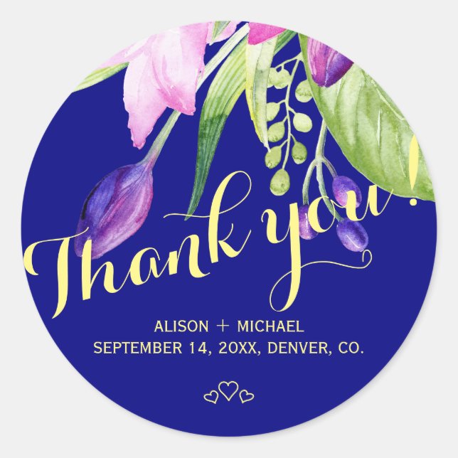 Summer purple navy floral wedding thank you classic round sticker (Front)