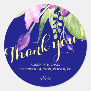 Summer purple navy floral wedding thank you classic round sticker