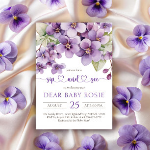 Summer Purple Violet Flowers Baby Sip and See Invitation