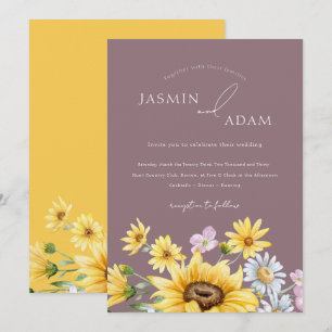 Summer Purple Yellow Sunflowers Floral Wedding Invitation