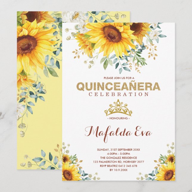 Summer Quinceanera Garden Sunflowers 15th Birthday Invitation (Front/Back)