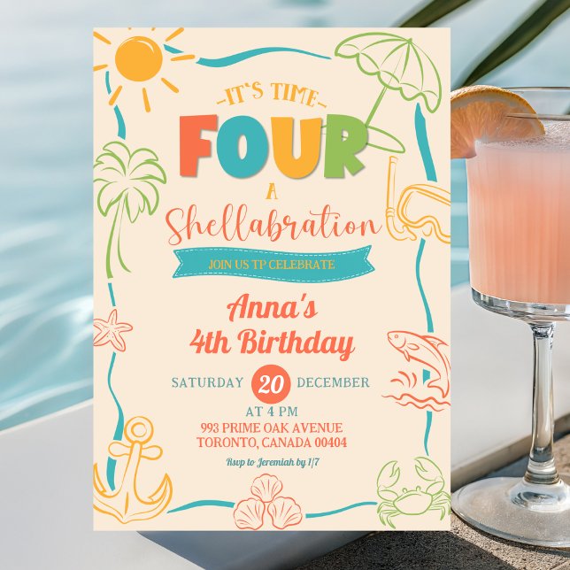 Summer Quirky Time Four Shellabration 4th Birthday Invitation (Creator Uploaded)