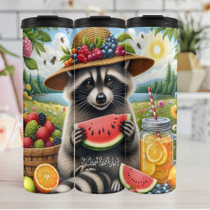 Summer Raccoon with Watermelon Thermal Tumbler