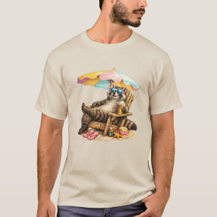 Summer Racoon Iced Coffee Beach Chair Vacation T-Shirt