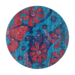Summer Rain Fantasy Flowers Blue Pink Floral Art Cutting Board