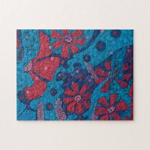 Summer Rain Fantasy Flowers Blue Pink Floral Art Jigsaw Puzzle