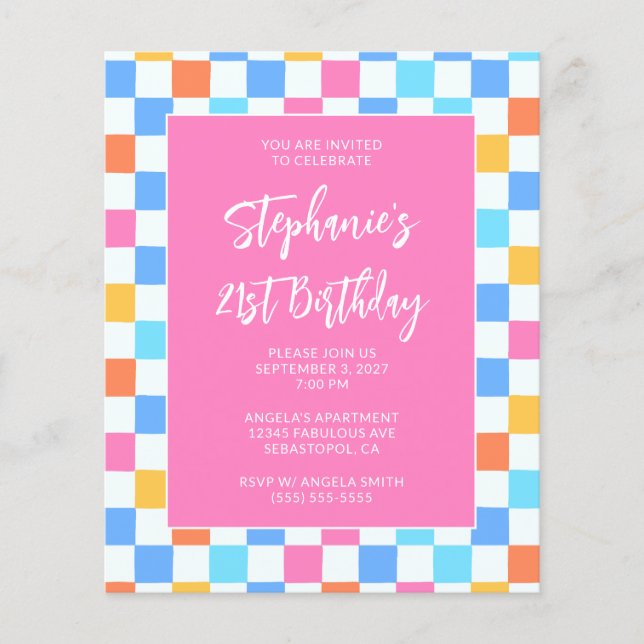 Summer Rainbow Check Bold 21st Birthday Flyer (Front)
