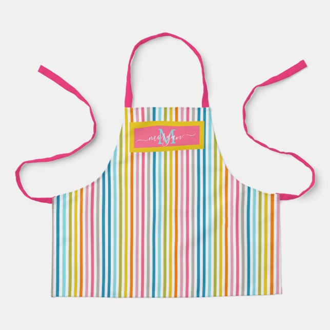 Summer Rainbow Stripes Monogram Script Apron (Front)