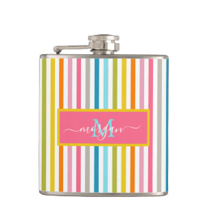 Summer Rainbow Stripes Monogram Script Hip Flask