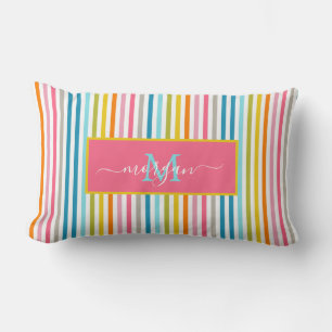 Summer Rainbow Stripes Monogram Script Lumbar Cushion