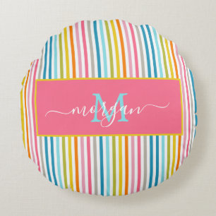 Summer Rainbow Stripes Monogram Script Round Cushion