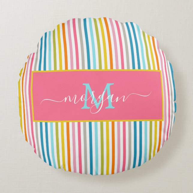 Summer Rainbow Stripes Monogram Script Round Cushion (Front)
