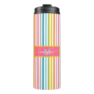 Summer Rainbow Stripes Monogram Script Thermal Tumbler