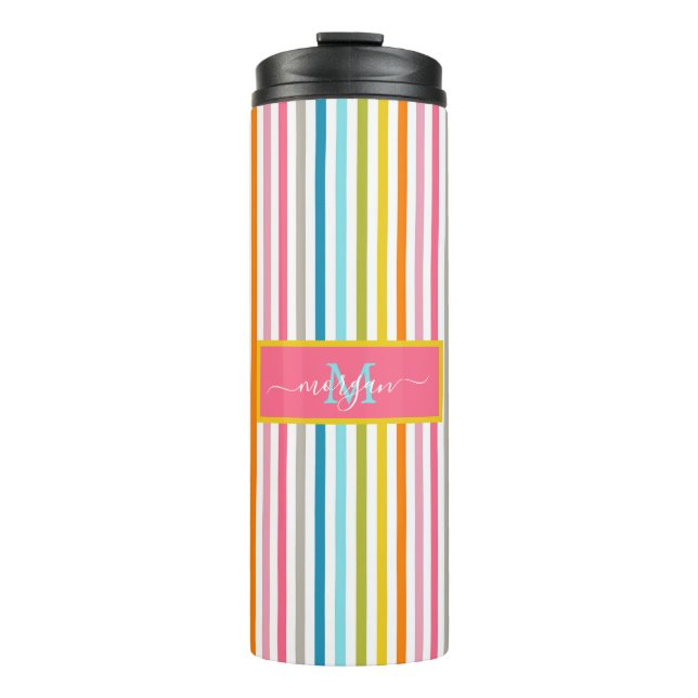 Summer Rainbow Stripes Monogram Script Thermal Tumbler (Front)