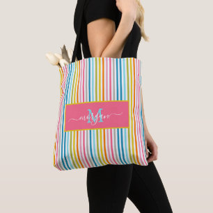 Summer Rainbow Stripes Monogram Script Tote Bag