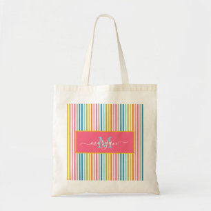 Summer Rainbow Stripes Monogram Script Tote Bag