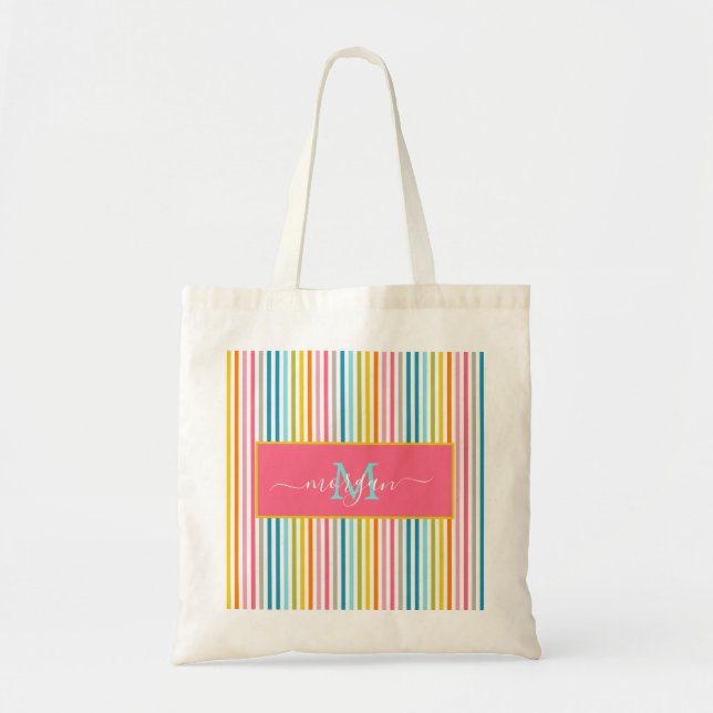 Summer Rainbow Stripes Monogram Script Tote Bag (Front)