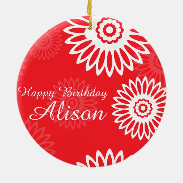 Summer Red flowers Happy Birthday Name Ornament (Back)
