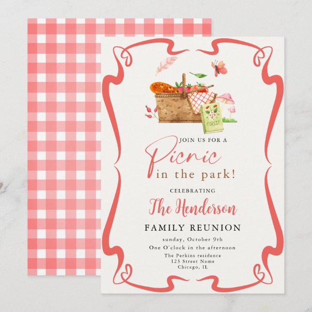 Summer red Fun Picnic in the park family reunion  Invitation (Front/Back)