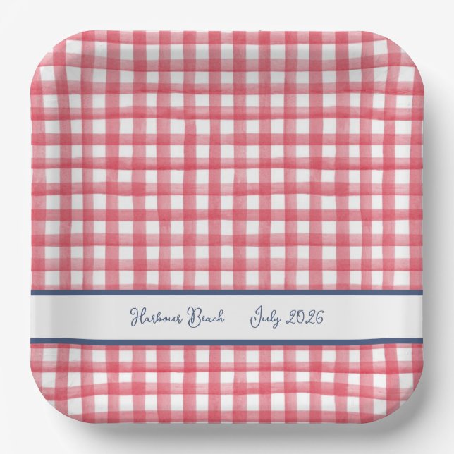 Summer Red Gingham, Chequered July 4th Paper Plate (Front)