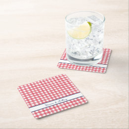 Summer Red Gingham, Chequered July 4th Square Paper Coaster