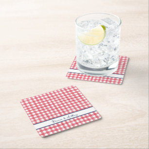 Summer Red Gingham, Chequered July 4th Square Paper Coaster