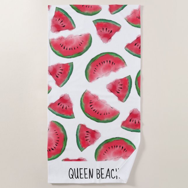 Summer Red Green Watermelon Watercolor Pattern Beach Towel (Front)