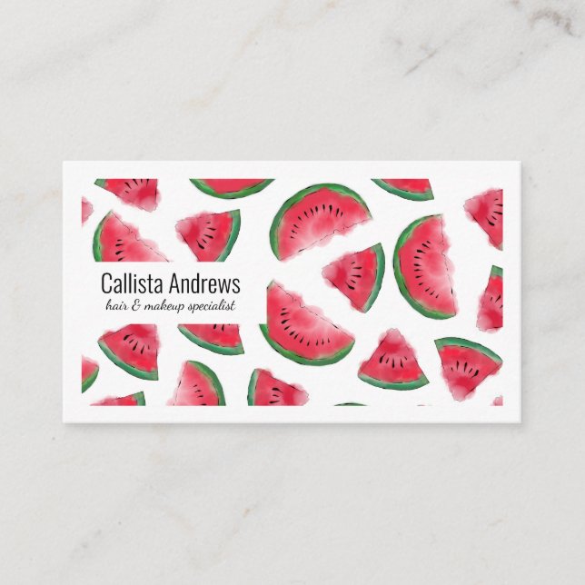 Summer Red Green Watermelon Watercolor Pattern Business Card (Front)