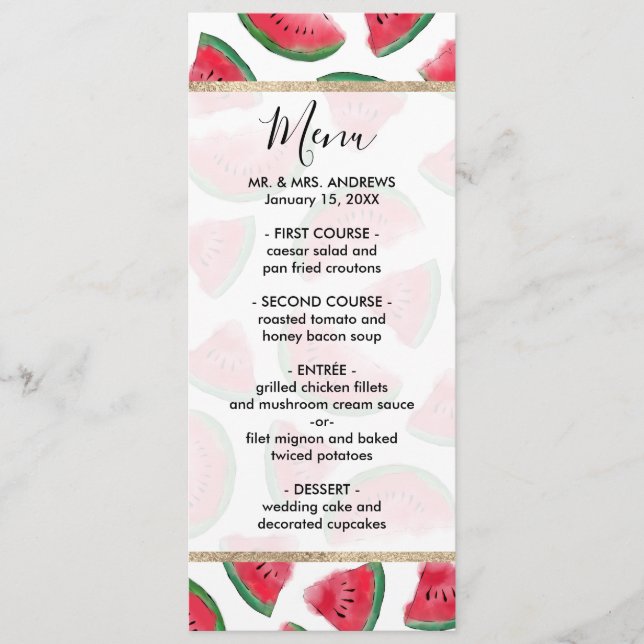 Summer Red Green Watermelon Watercolor Pattern Menu (Front)