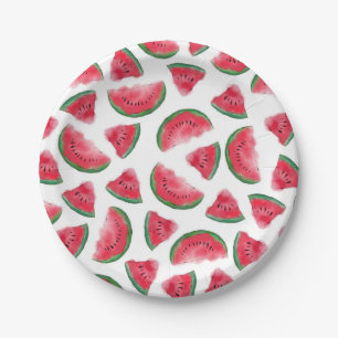 Summer Red Green Watermelon Watercolor Pattern Paper Plate