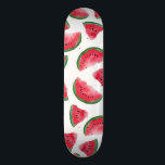 Summer Red Green Watermelon Watercolor Pattern Skateboard<br><div class="desc">This artsy and modern pattern is perfect for the summer months. It displays a hand-paint red, green, and black watercolor watermelon fruit pattern on top of a simple white background. It's cool, cute, and trendy! ***IMPORTANT DESIGN NOTE: For any custom design request such as matching product requests, colour changes, placement...</div>
