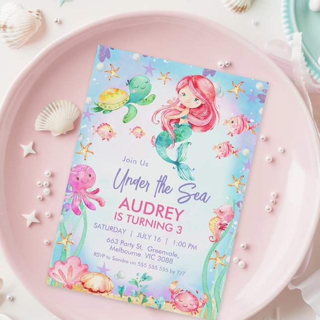 Summer Red Hair Mermaid Under the Sea Birthday Invitation (Under the Sea Birthday Invitation Any age, Red Hair Mermaid Birthday Invitation Girl, Sea Creatures)