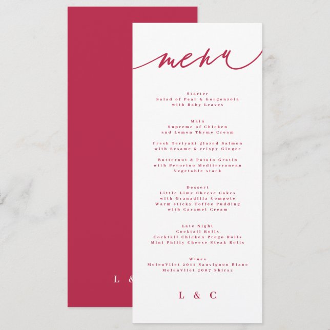 summer red magenta the wedding Calligraphy Menu (Front/Back)