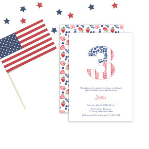 Summer Red White Blue Garden 3rd Birthday Party Invitation