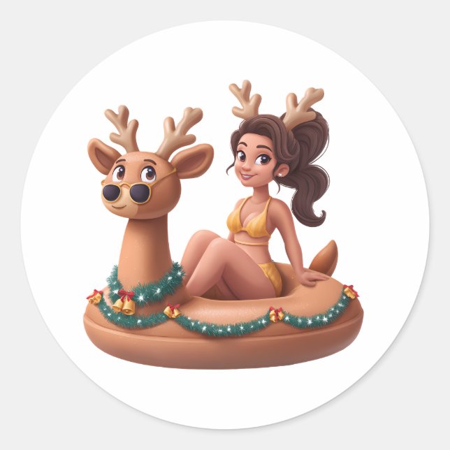 Summer Reindeer Holiday Fun Pool Party Design Classic Round Sticker (Front)