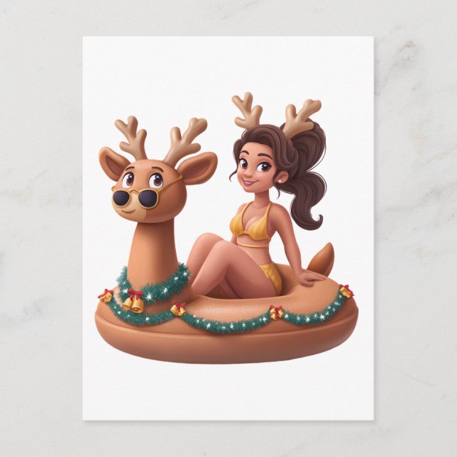 Summer Reindeer Holiday Fun Pool Party Design Postcard (Front)