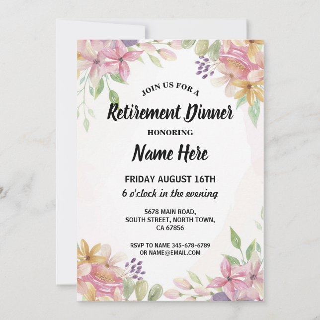 Summer Retirement Party Watercolor Flowers Pink Invitation (Front)