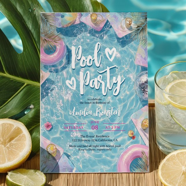 Summer Retro Disco Sweet 16 Pool Vibes Party Invitation (Summer Retro Disco Sweet 16 Pool Vibes Party Invitation)