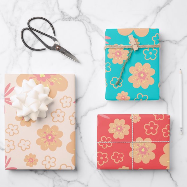 Summer Retro Floral Pattern Wrapping Paper Sheet (Front)