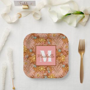 Summer Retro Flower   Monogram Paper Plates