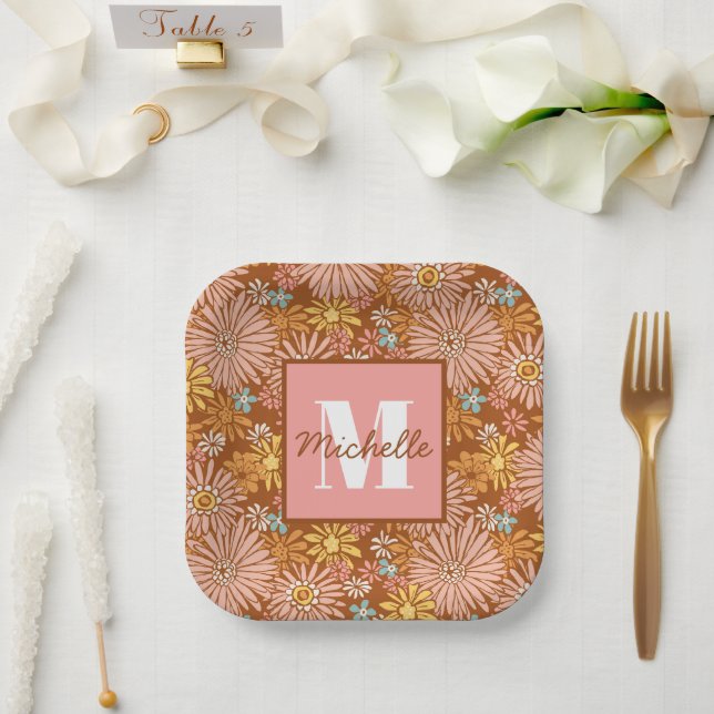 Summer Retro Flower | Monogram Paper Plates (Wedding)