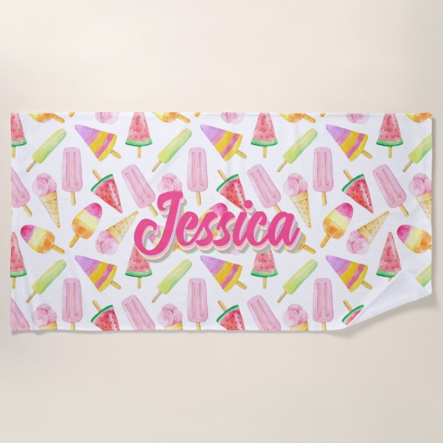 Summer Retro Pastel Ice cream Pattern Personalised Beach Towel (Front)