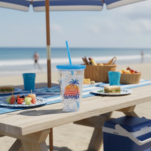 Summer retro sunset palm tree acrylic tumbler (Creator Uploaded)