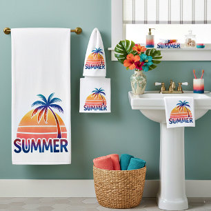 Summer retro sunset palm tree bath towel set