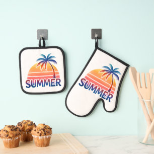 Summer retro sunset palm tree oven mitt & pot holder set
