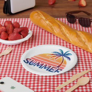 Summer retro sunset palm tree paper plate